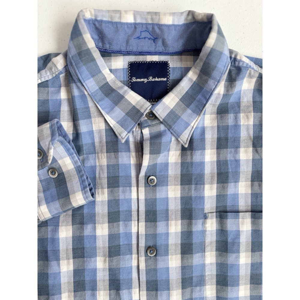 Tommy Bahama Men's XL Blue White Check Silk Blend Long‎ Sleeve Casual Button Up